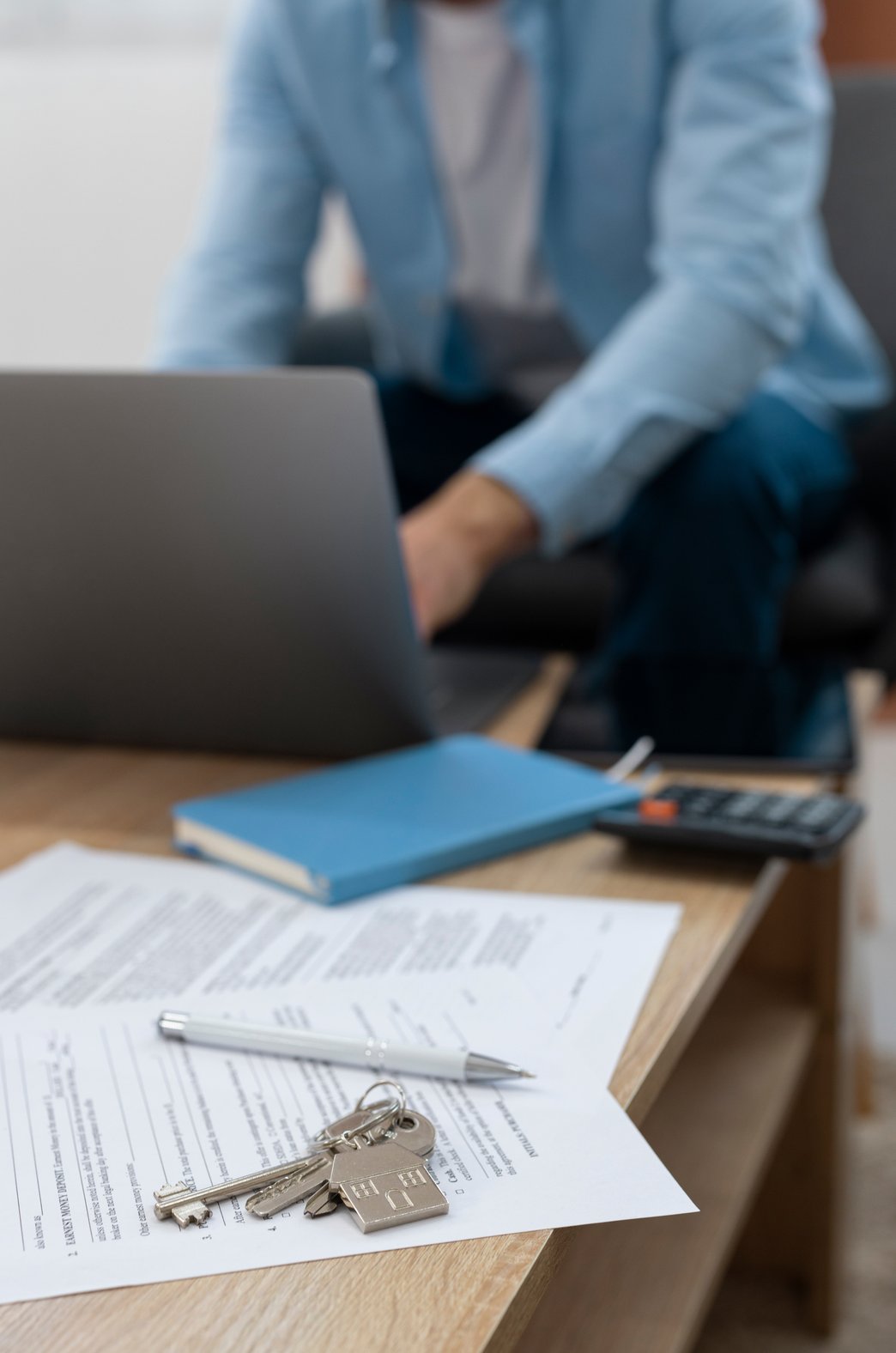 a client filling out paperwork on a coffee table