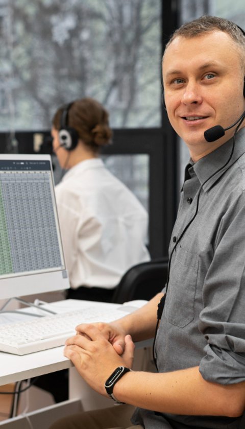 a support agent looks at the camera, away from his computer