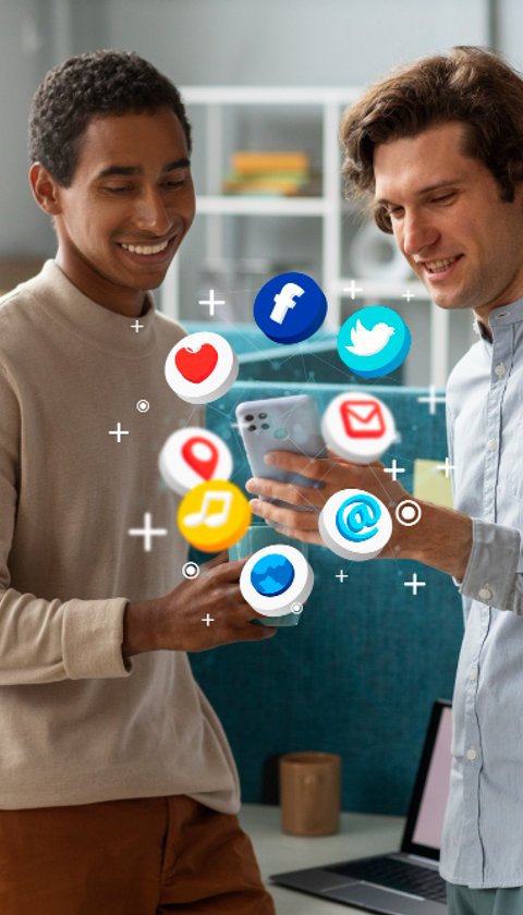 two young men look at social media on their phone